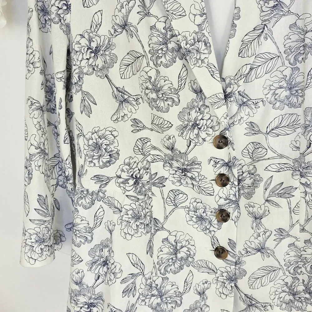 Cato Blazer XL White Gray Floral Linen Blend Lightweight Spring Office Chic